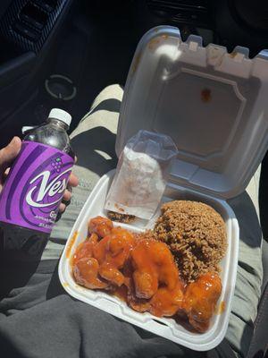 Orange chicken combination plate with fried rice, wonton and Grape all for nine dollars