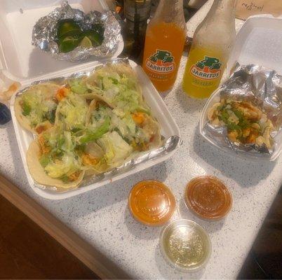 Shrimp, chicken & fish tacos.