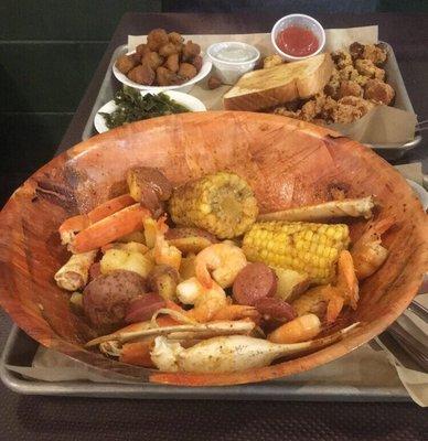 Low country boil and fried shrimp/scallops/oysters with collards and fried okra!