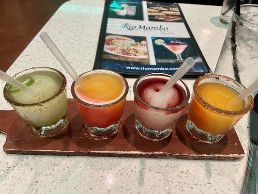 Margarita flights--jalapeño, mango strawberry, pineapple) , blackberry & blueberry port wine), (mango smoked orange chipotle)