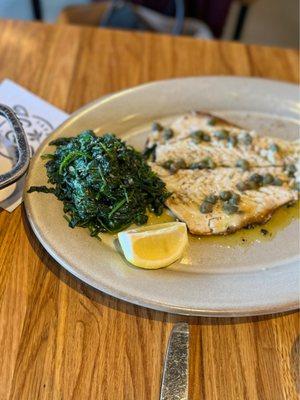 BRANZINO Sautéed spinach and ladolemono