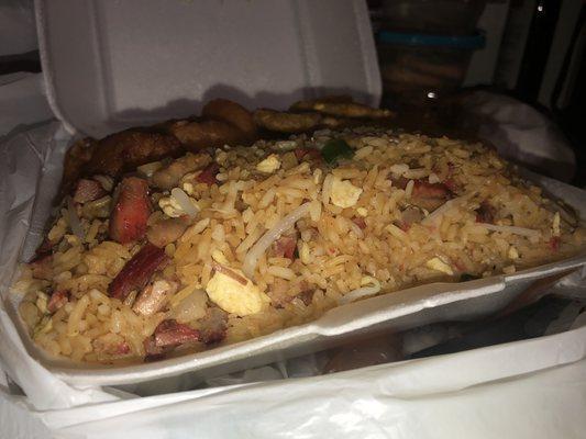 3 piece combo, honey chicken, pork fried rice and tostones