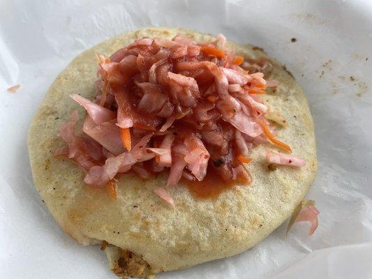 Pupusa Revuetla (cheese, pork, and beans)