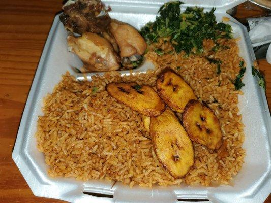 Plate of jollof rice w/a tableapoon full of greens! THREE LITTLE HARD Fried pieces of chicken breast. COULDN'T EAT IT!!!