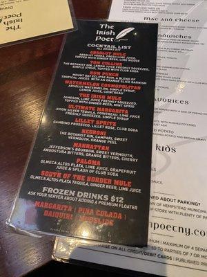 Cocktail menu