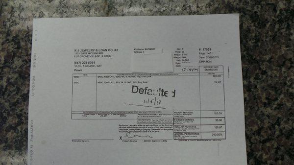 The loan ticket showing the due date as well as the date that it was defaulted.