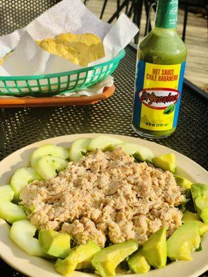 #16.  Salmon spread, with avocado, cucumber slices and a side of tostadas. Fresh and healthy.     7/10