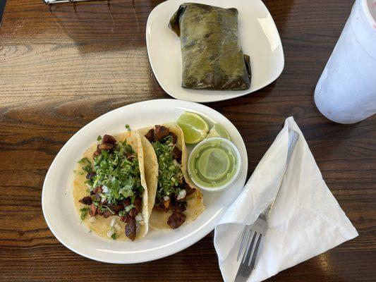 Tacos al pastor and a tamale.