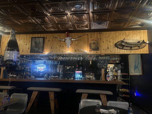 The bar- some New Year's decorations still up, but you can see the cool ceiling.