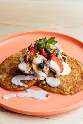 Banana Oatmeal Pancakes . Vegan and Gluten Free! Come try them for brunch!