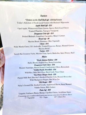 Dinner menu May 2021