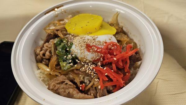 Gyo Don- marinated beef over rice with egg.