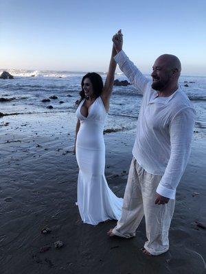 July 4 Malibu beach sunrise wedding- with Minister Young.