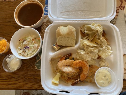 Stuffed flounder w/ crabmeat & shrimp, pierogi casserole, coleslaw, 3 bean chili, & dinner roll