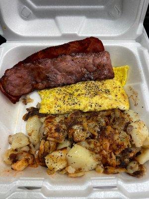 Turkey bacon home fries and "scrambled" eggs