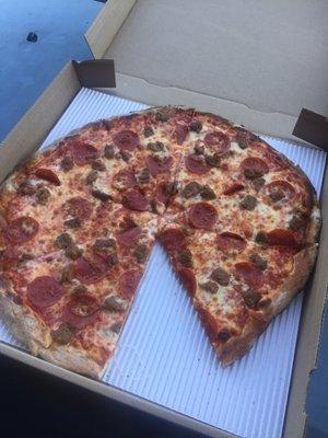 16-inch pepperoni and Italian sausage.  $3/off Tuesdays-Thursdays.  Phenomenal crust and taste, one of the best in town!