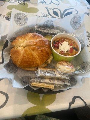 Chicken salad on croissant bread with chicken tortilla soup.