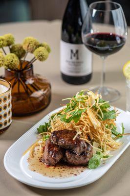 Cast Iron Flat Iron: Black Garlic Christashire Butter, Truffle & Arugula Shoestring Fries