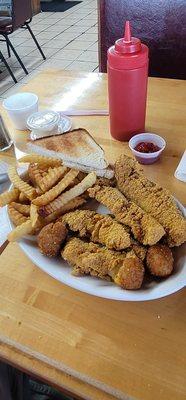 Yummers! 4-23-23 Fried catfish dinner Hush puppies homemade with corn inside very good Crinkle fries