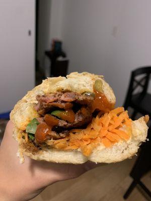 Pork Banh Mi with hot sauce, a midnight meal