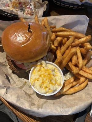 Beau's Blue burger with fries and macaroni and cheese