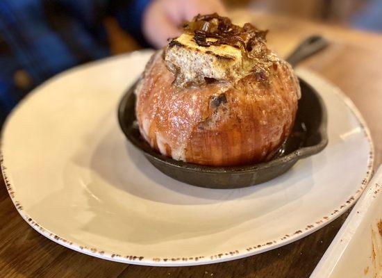 This is the French Onion Soup that's inside an actual onion!  The "Five Onion Soup".......OMG!!