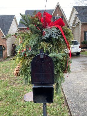 Mixed greens, red berries and giant pine cones topped by a red velvet bow.