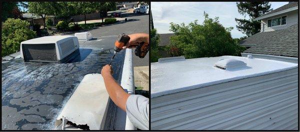 Complete roof re-coat with 100% silicone.