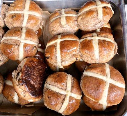 Hot Cross Buns - eat fresh, warmed in oven, with spread of butter & jam, devonshire cream, or even eggs and bacon in between :) (3/8/20)