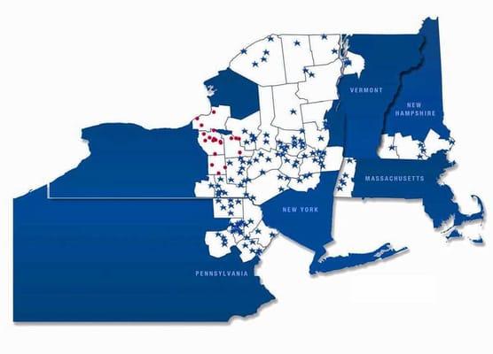 market footprint 2013 from syracuse.com -- blue stars = NBT locations; red dots = former Alliance Bank locations turned NBT.