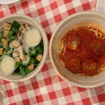 Spaghetti and meatballs, Caesar salad