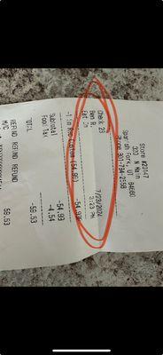 Receipt showing time of refund