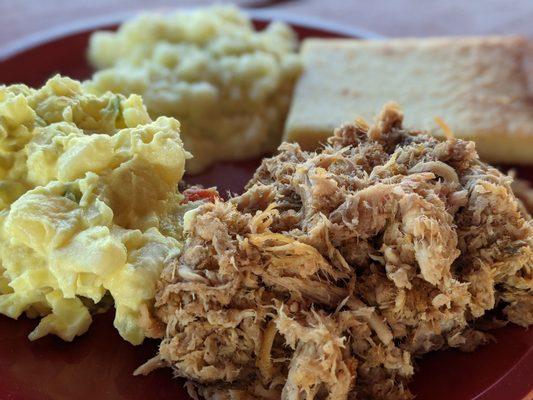 Pig, Potato Salad, Coleslaw, Cornbread