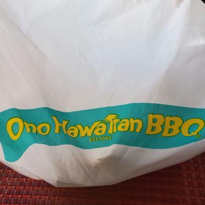 Ono Hawaiian BBQ signature logo on the bag,  take out.