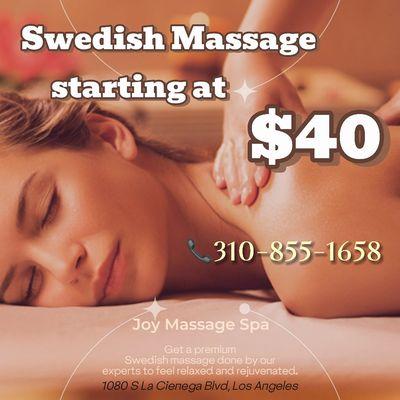 Indulge in the art of relaxation with our exquisite Swedish Massage sessions, starting at just $40!