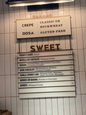 Sweet Crêpe & Dosa Menu