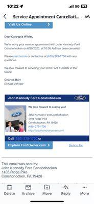 notice of cancellation the morning of my 10;00 AM (sent after I already arrived At John F Kennedy Service Center in Conshocken)