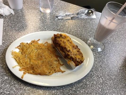 Nasty dog, hash browns, and a strawberry shake.