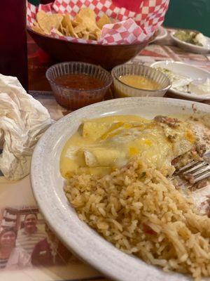 Meat Burrito with fried rice and beans