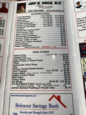 Sandwiches and side item menu at Kyle fletchers