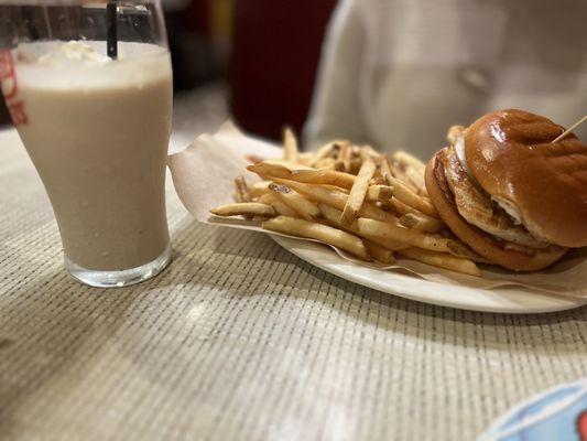 Chicken sandwich with milkshake