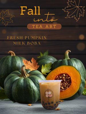 Seasonal special: 
Made with fresh pumpkin puree, milk of your choice, and boba!