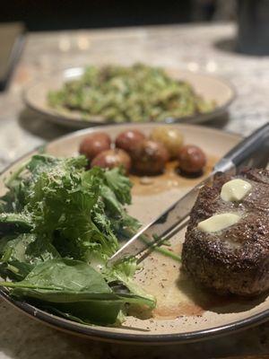 Filet with potatoes and side salad