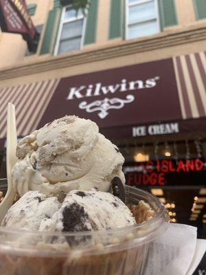 Waffle Bowl with Cookies N Cream and Chocolate Chip Cookie Dough.  Background of the storefront.