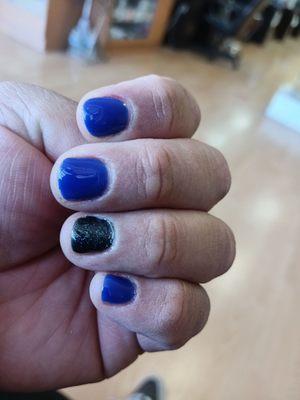 I asked for blue and one glitter blue one it came out black he said it was blue.. sloppy job dont come here its disappointment...