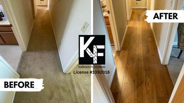 Before and after transformation of a hallway with new engineered hardwood and baseboard.