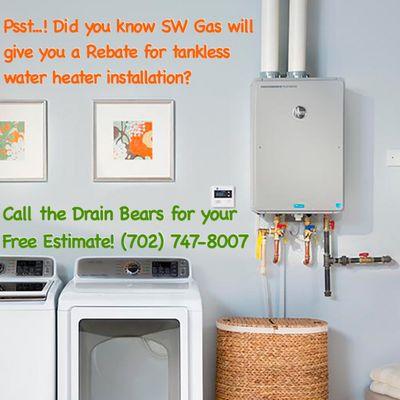 Tankless water heater installation. SWG Rebate now through 2020.