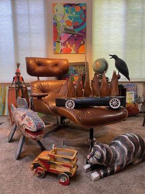 Estate Sale Benicia CA Mercanti Sales Mid Century Modern Eames Herman Miller Folk Art Fine Leather Chair Ottoman Painting MCM Vintage