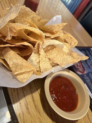 Chips and salsa.  Nice heat on the salsa and the chips were perfect!  Not too thick/not too thin.