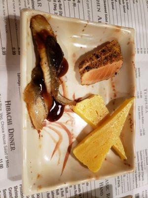 Egg custard, pepper salmon, BBQ eel sashimi from all you can eat menu